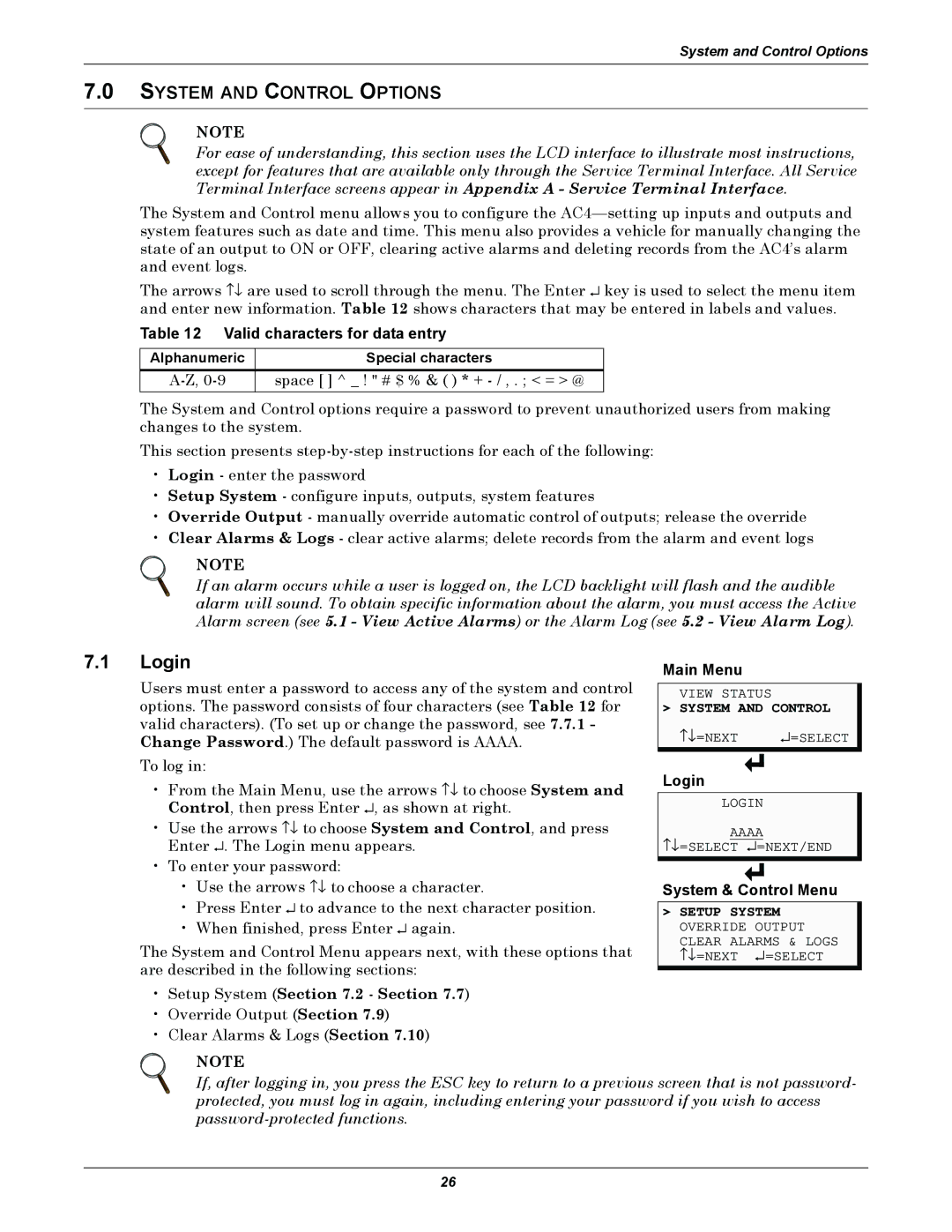 Liebert AC4 user manual Login, System and Control Options, Valid characters for data entry, System & Control Menu 