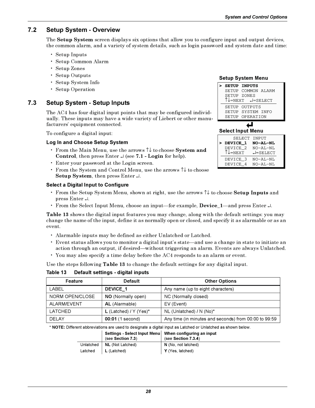 Liebert AC4 user manual Setup System Overview, Setup System Setup Inputs 