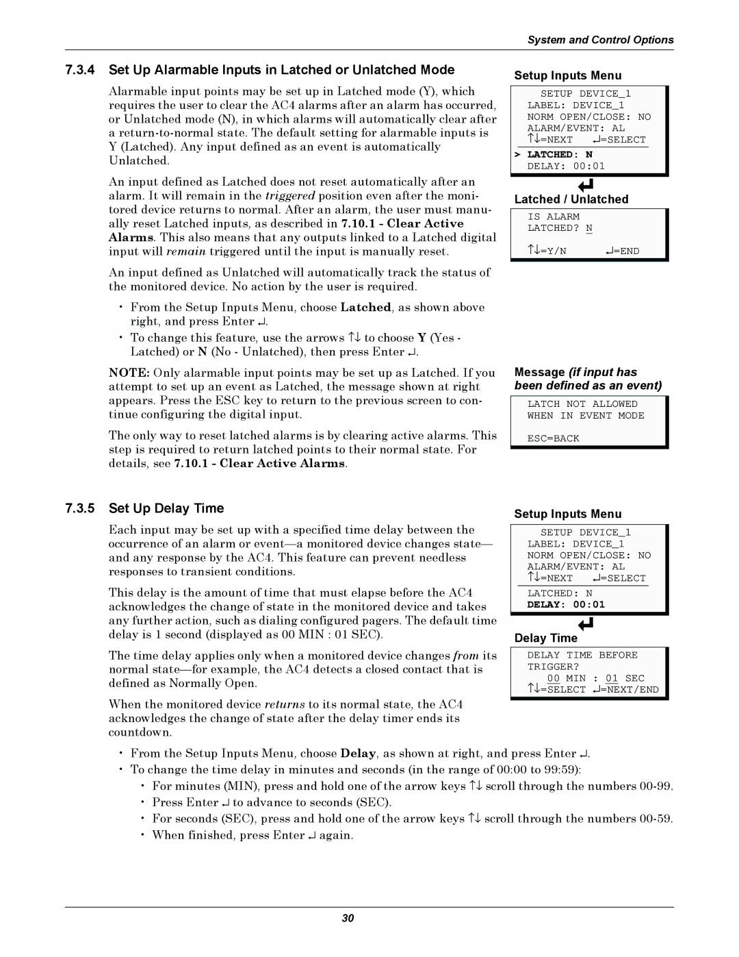 Liebert AC4 user manual Set Up Alarmable Inputs in Latched or Unlatched Mode, Set Up Delay Time, Latched / Unlatched 