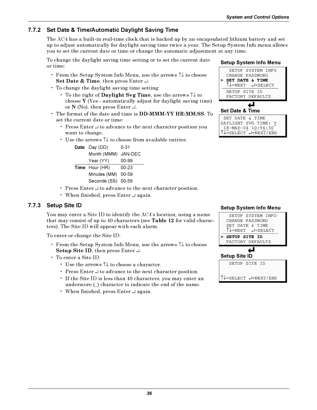 Liebert AC4 user manual Set Date & Time/Automatic Daylight Saving Time, Setup Site ID 