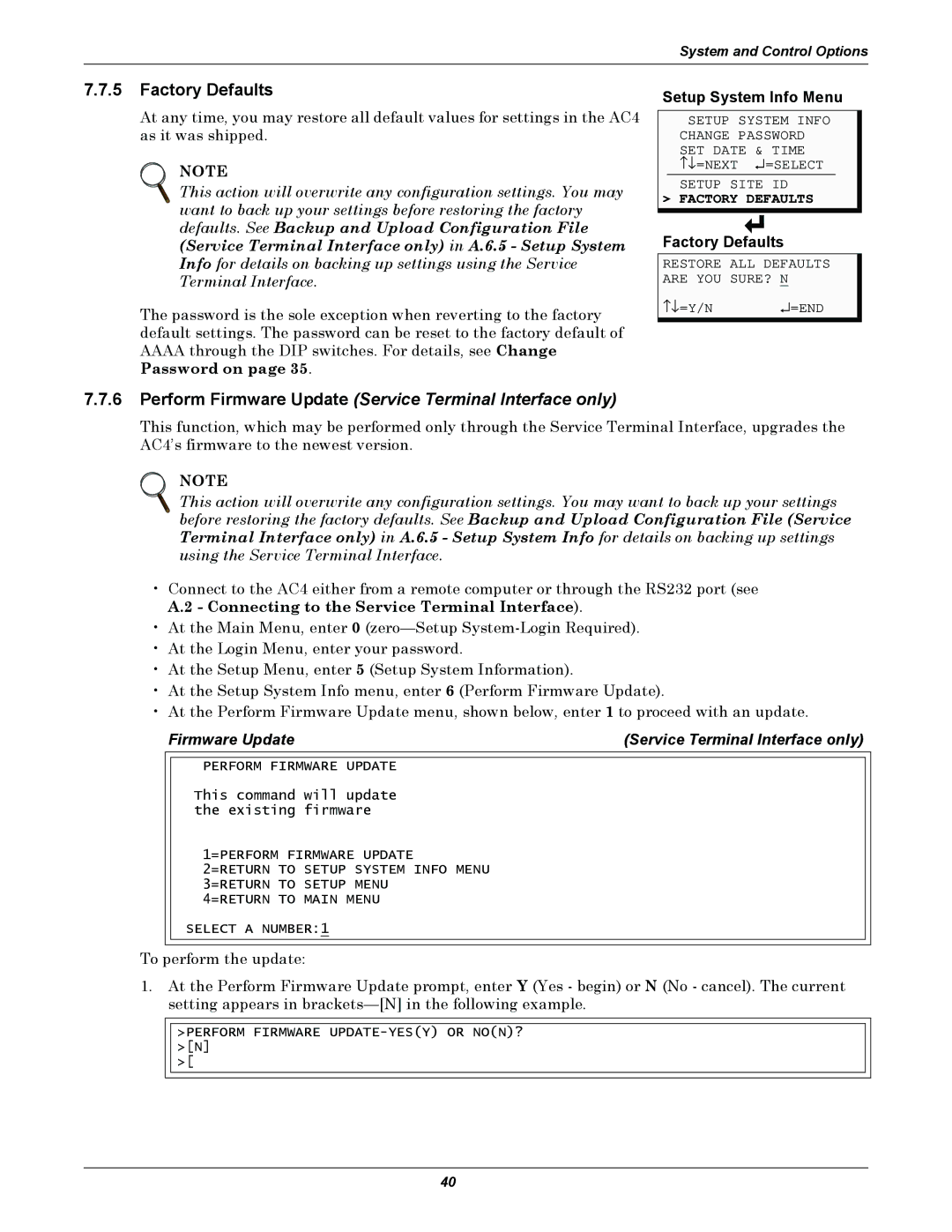 Liebert AC4 user manual Factory Defaults, Firmware Update Service Terminal Interface only 