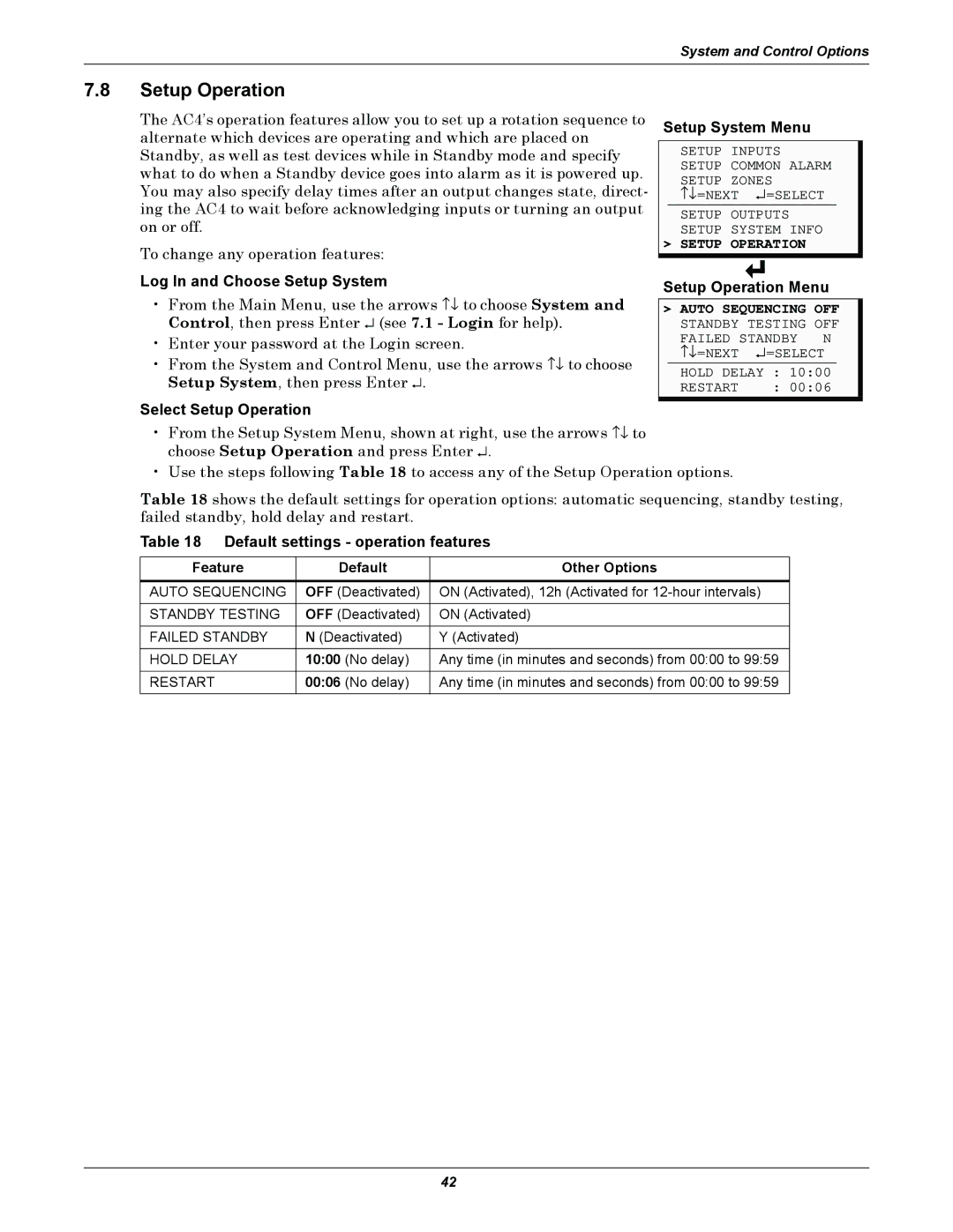 Liebert AC4 Select Setup Operation Setup System Menu, Setup Operation Menu, Default settings operation features 