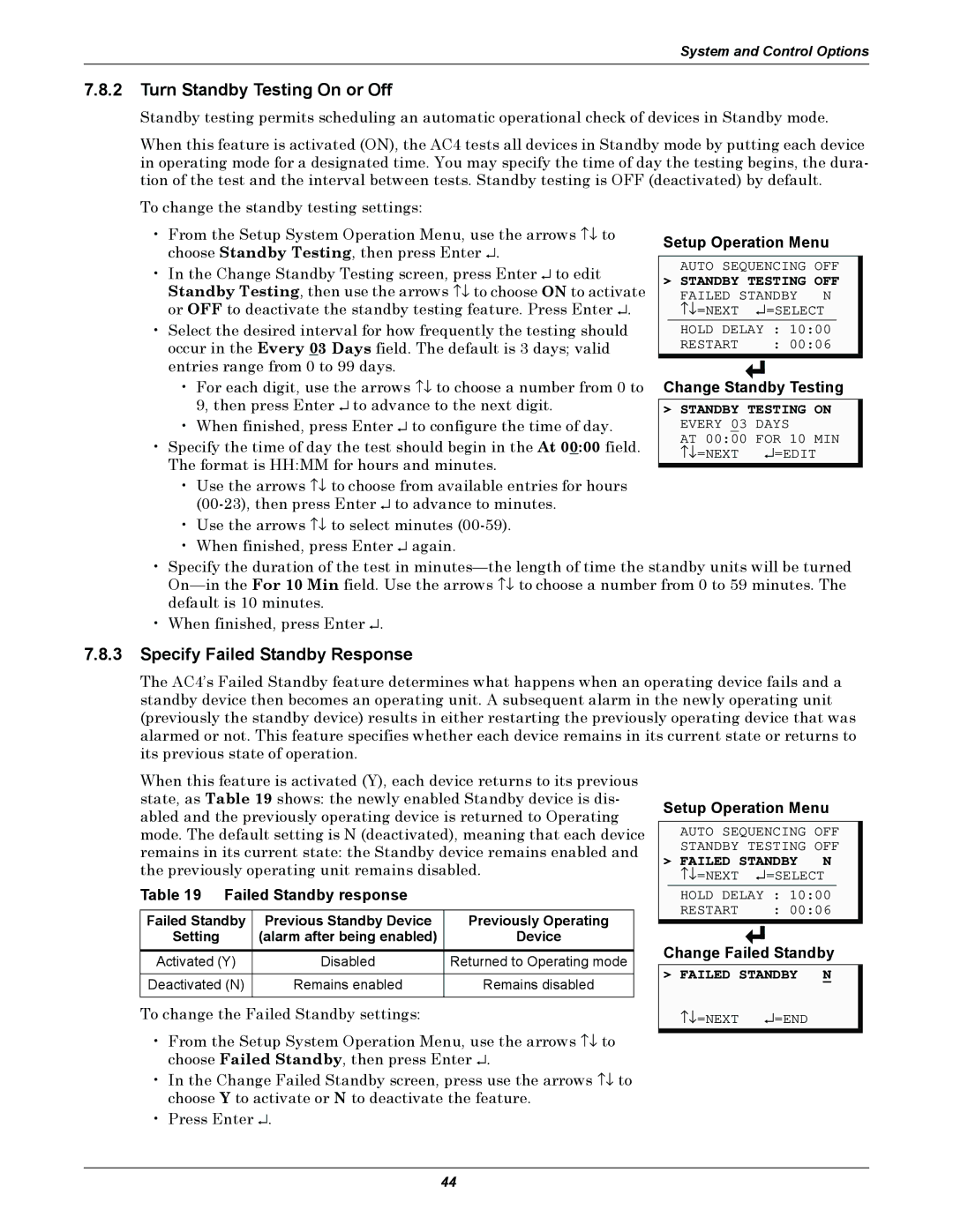 Liebert AC4 Turn Standby Testing On or Off, Specify Failed Standby Response, Change Standby Testing, Change Failed Standby 