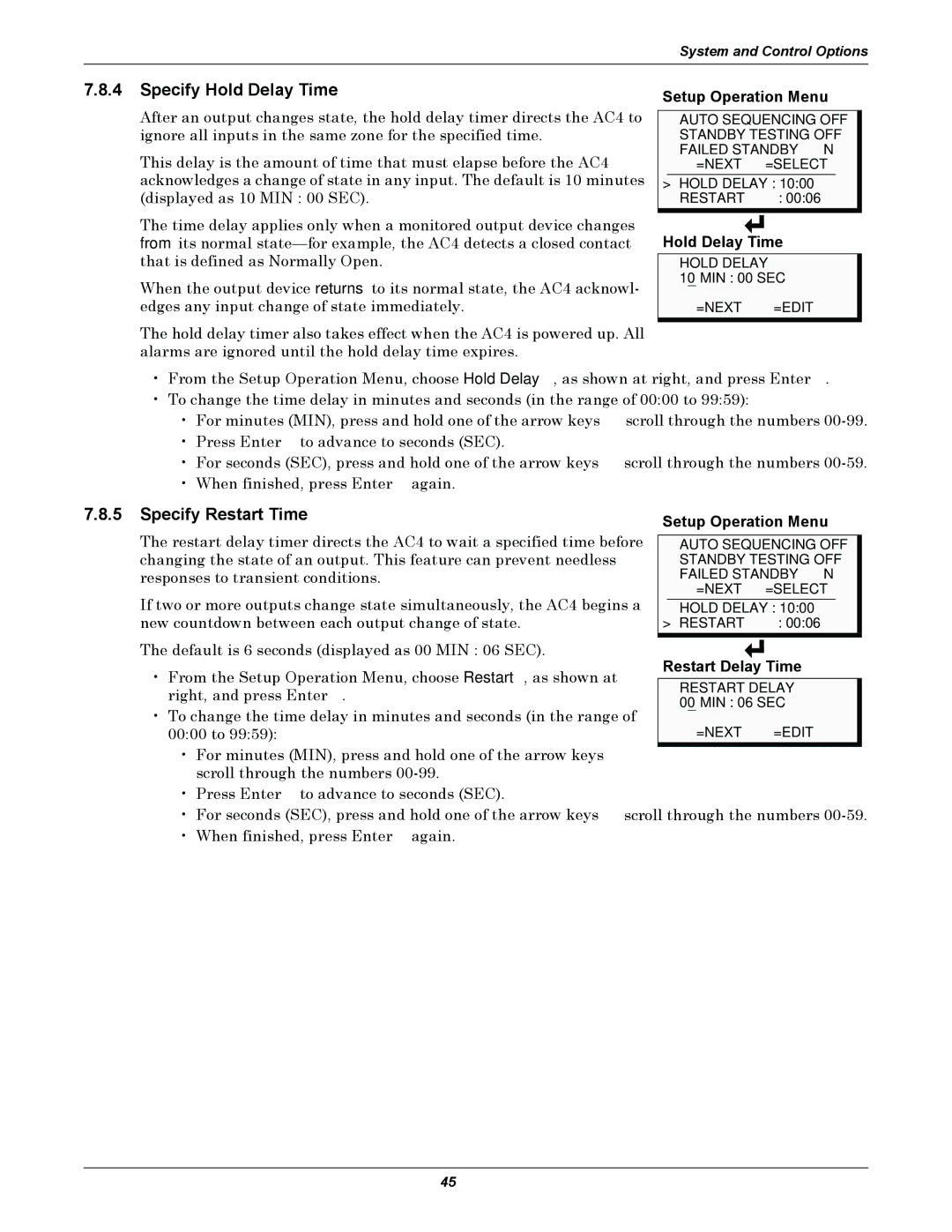 Liebert AC4 user manual Specify Hold Delay Time, Specify Restart Time, Setup Operation Menu, Restart Delay Time 