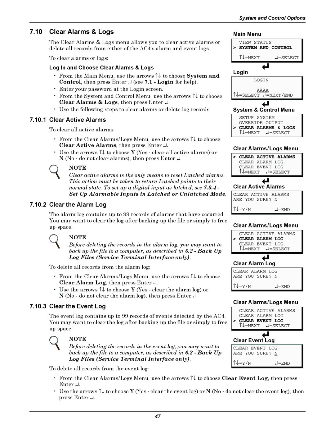 Liebert AC4 user manual Clear Alarms & Logs, Clear Active Alarms, Clear the Alarm Log, Clear the Event Log 