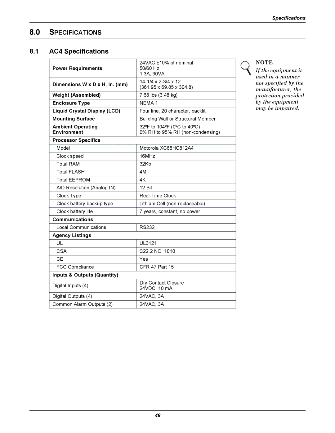 Liebert user manual AC4 Specifications 