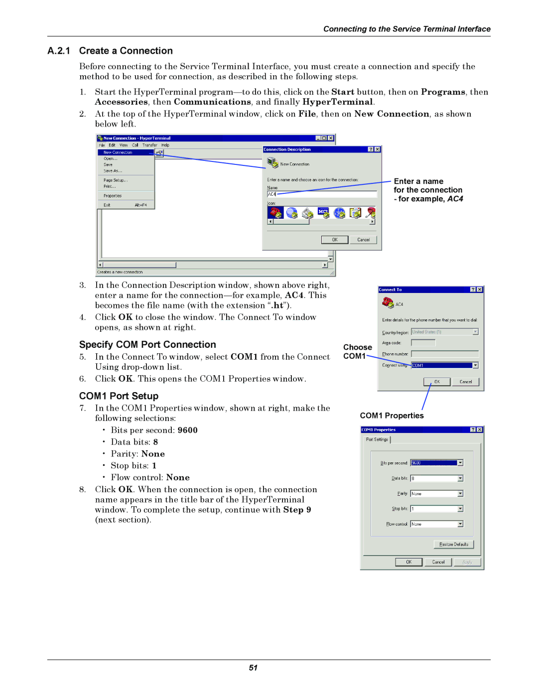 Liebert AC4 user manual Create a Connection, Specify COM Port Connection, COM1 Port Setup 