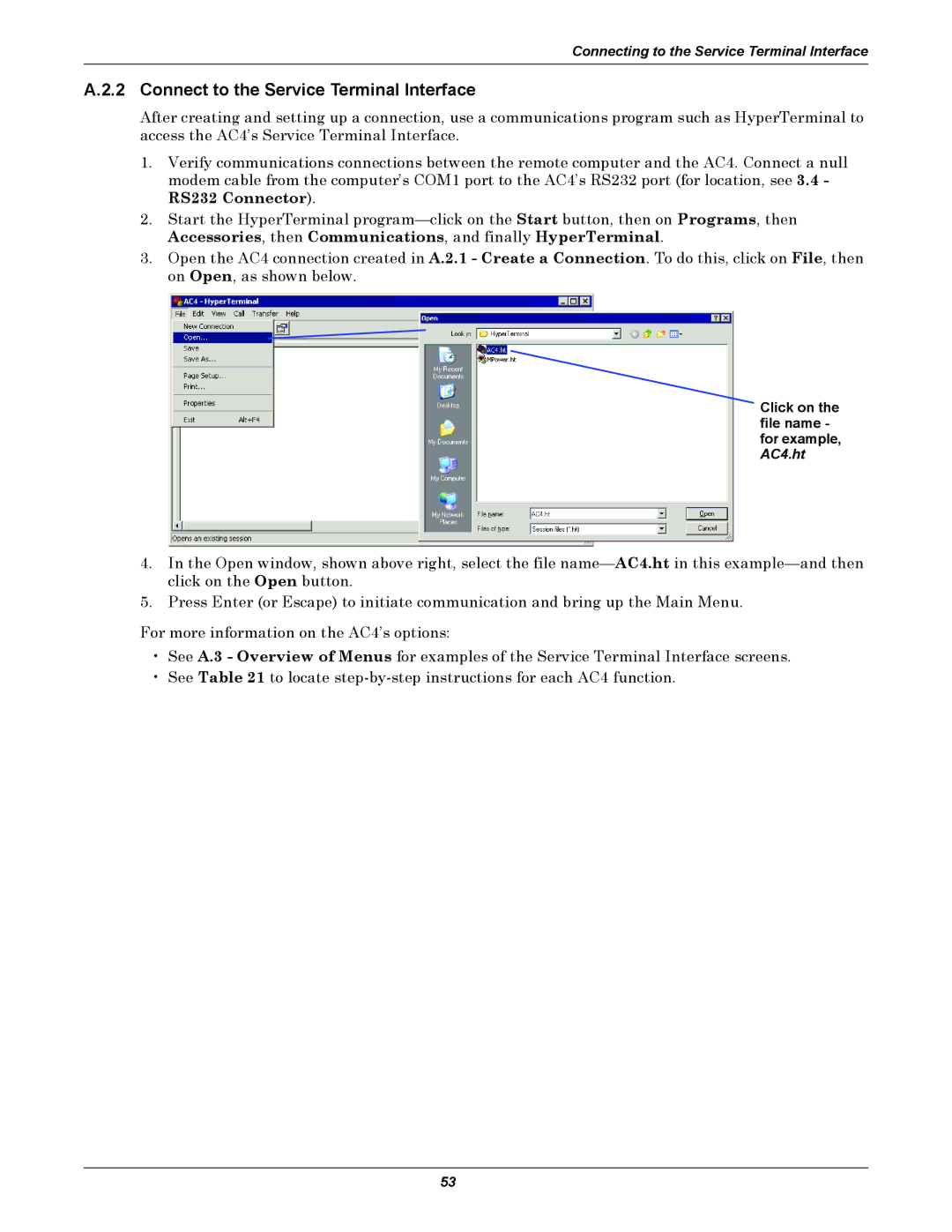 Liebert user manual Connect to the Service Terminal Interface, Click on the file name for example, AC4.ht 