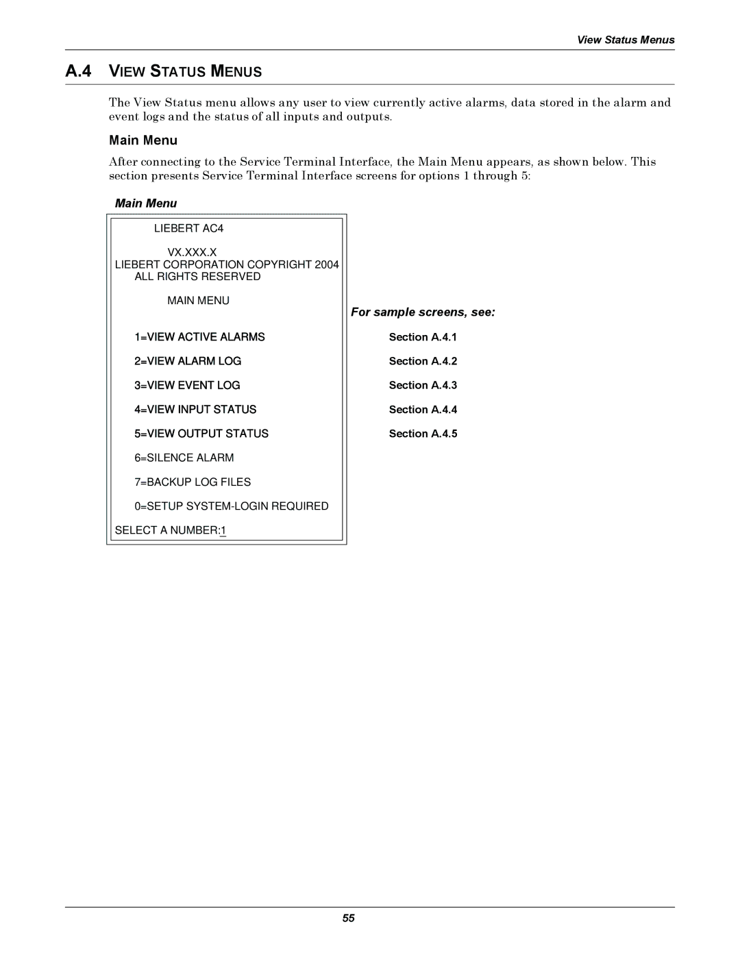 Liebert AC4 user manual View Status Menus, Main Menu 