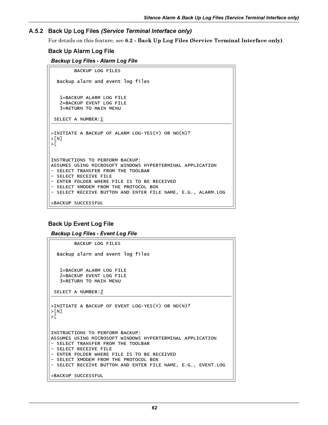 Liebert AC4 user manual Back Up Alarm Log File, Back Up Event Log File, Backup Log Files Alarm Log File 