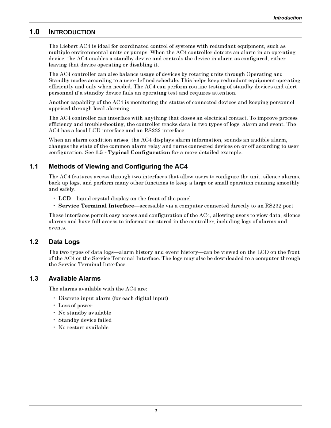 Liebert user manual Methods of Viewing and Configuring the AC4, Data Logs, Available Alarms, Introduction 