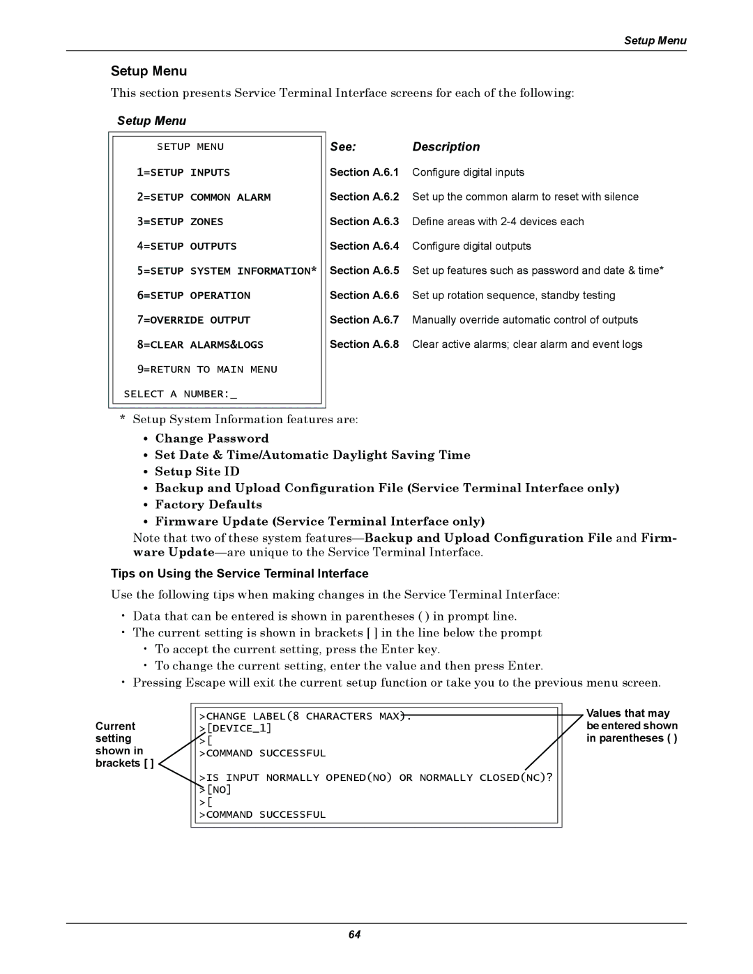 Liebert AC4 user manual Setup Menu, See Description, Tips on Using the Service Terminal Interface 