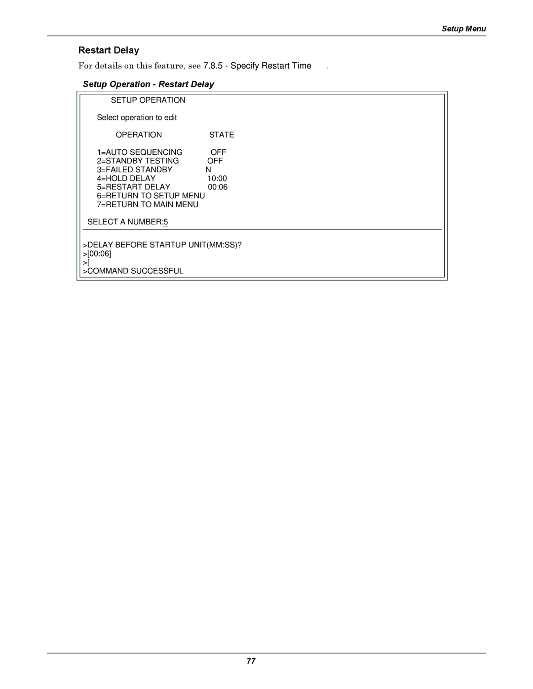 Liebert AC4 user manual Setup Operation Restart Delay 