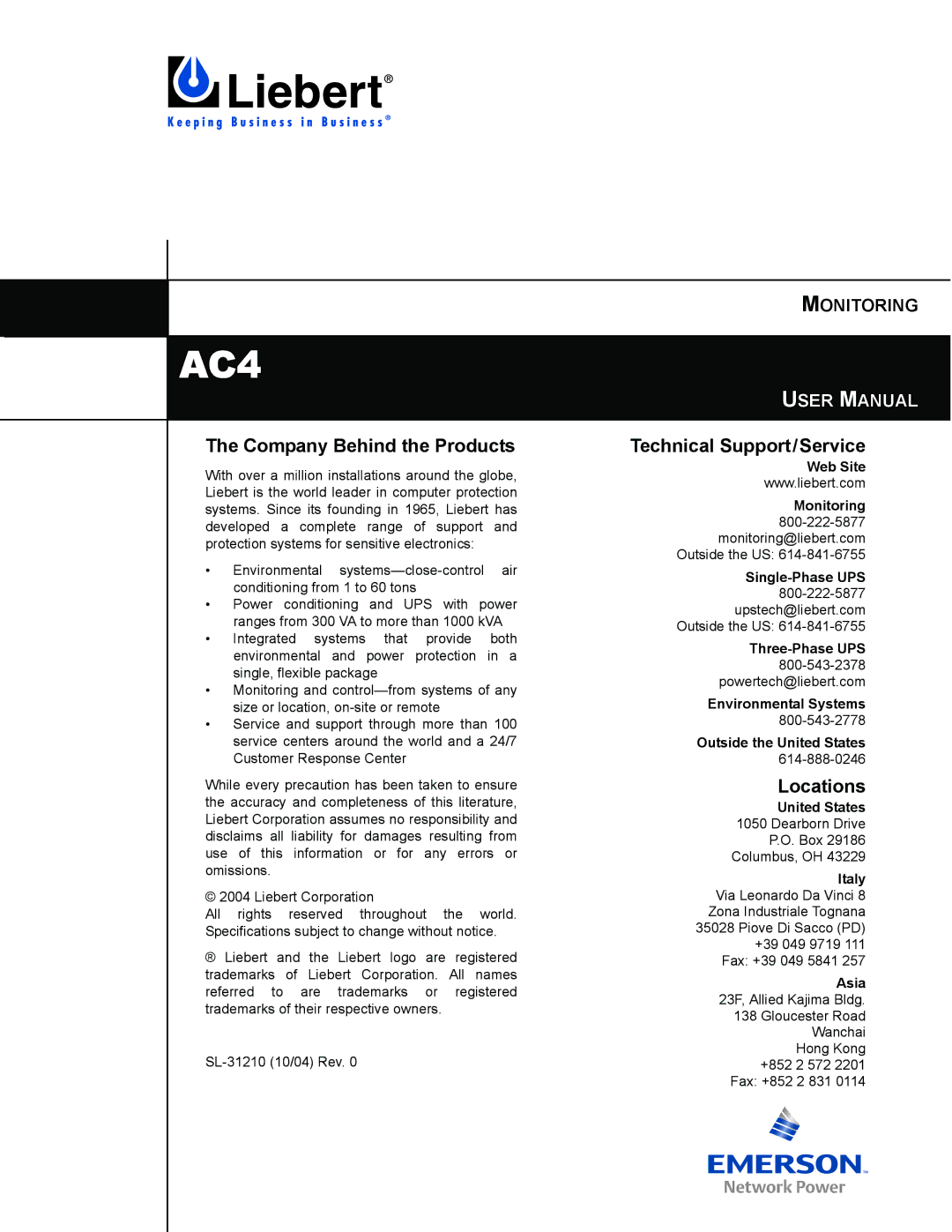 Liebert AC4 user manual Company Behind the Products, Technical Support/Service, Locations, Asia 23F, Allied Kajima Bldg 