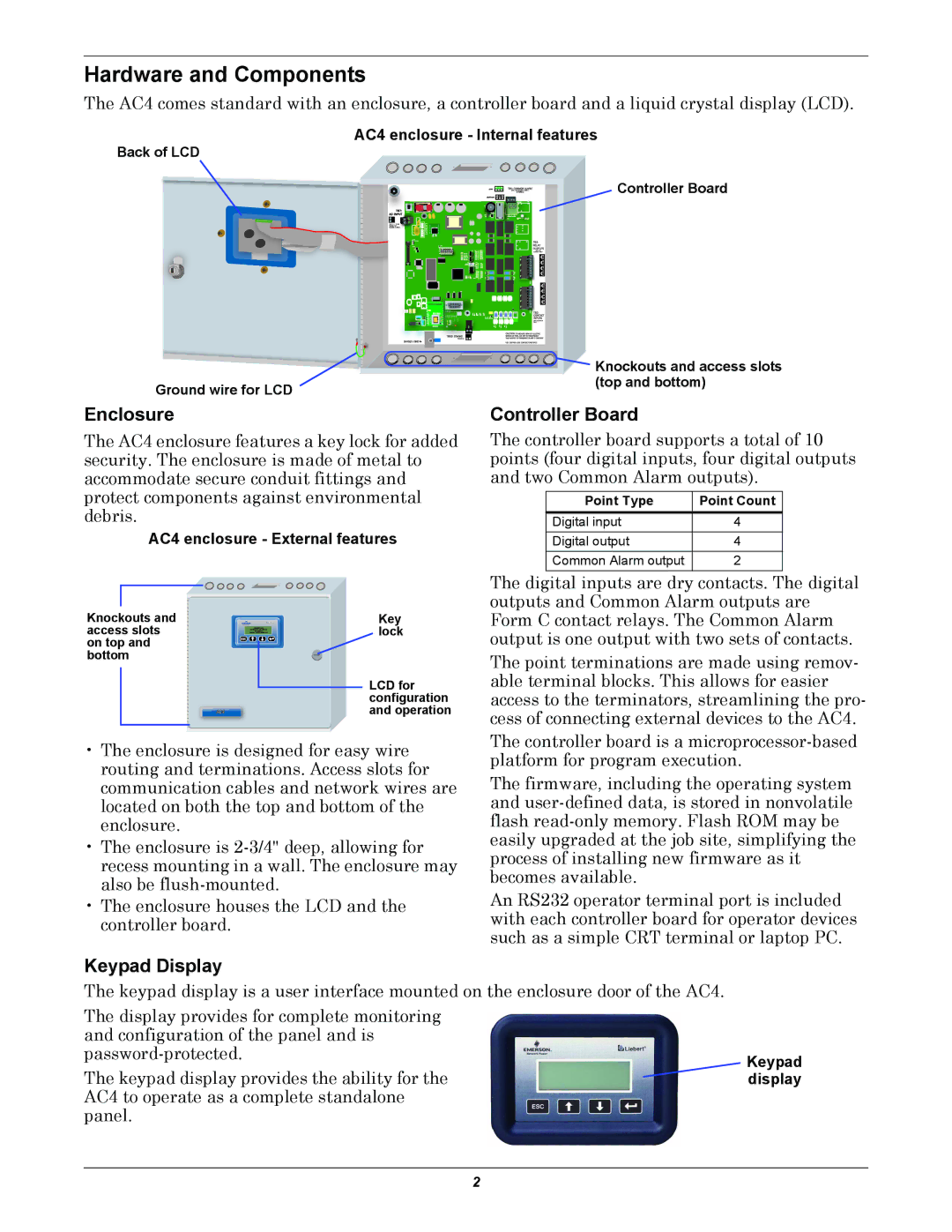 Liebert manual Hardware and Components, AC4 enclosure Internal features, AC4 enclosure External features, Keypad display 