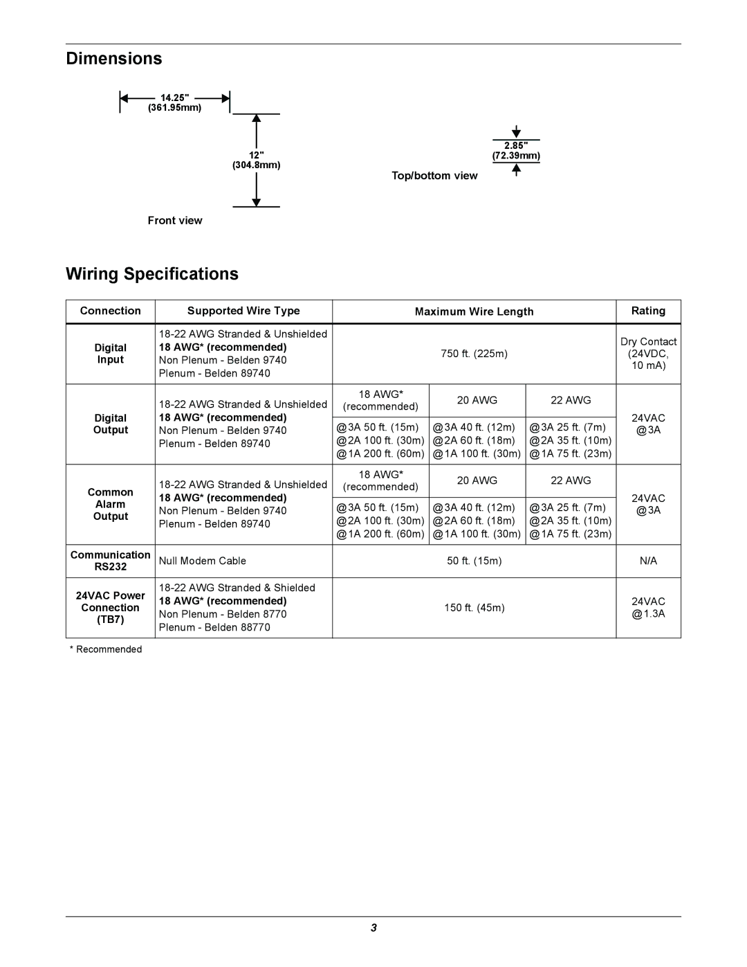 Liebert AC4 manual Dimensions, Wiring Specifications 