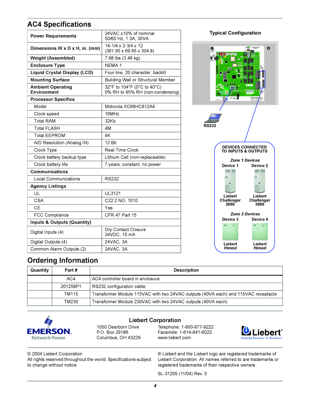 Liebert manual AC4 Specifications, Ordering Information, Typical Configuration 