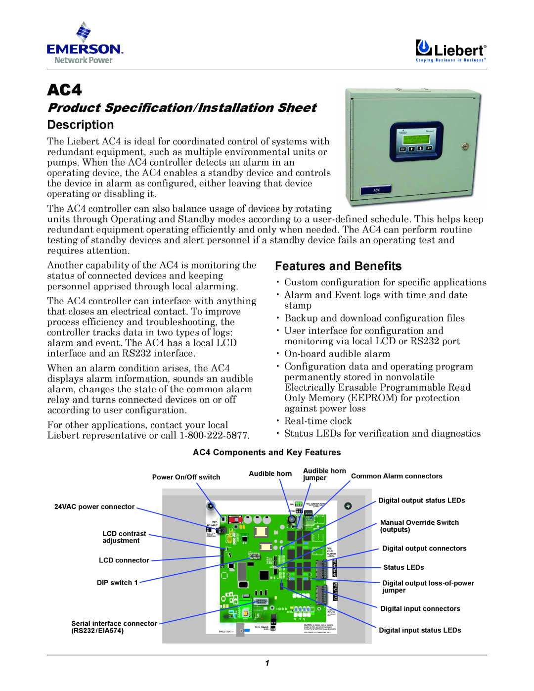 Liebert AC4 manual Description, Features and Benefits, Product Specification/Installation Sheet 