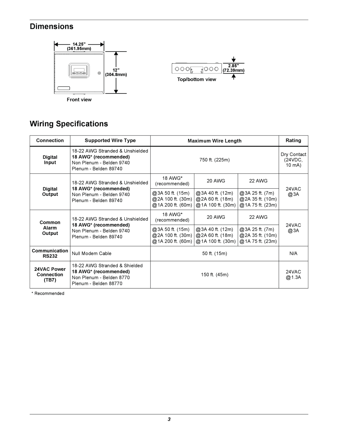 Liebert AC4 manual Dimensions, Wiring Specifications 