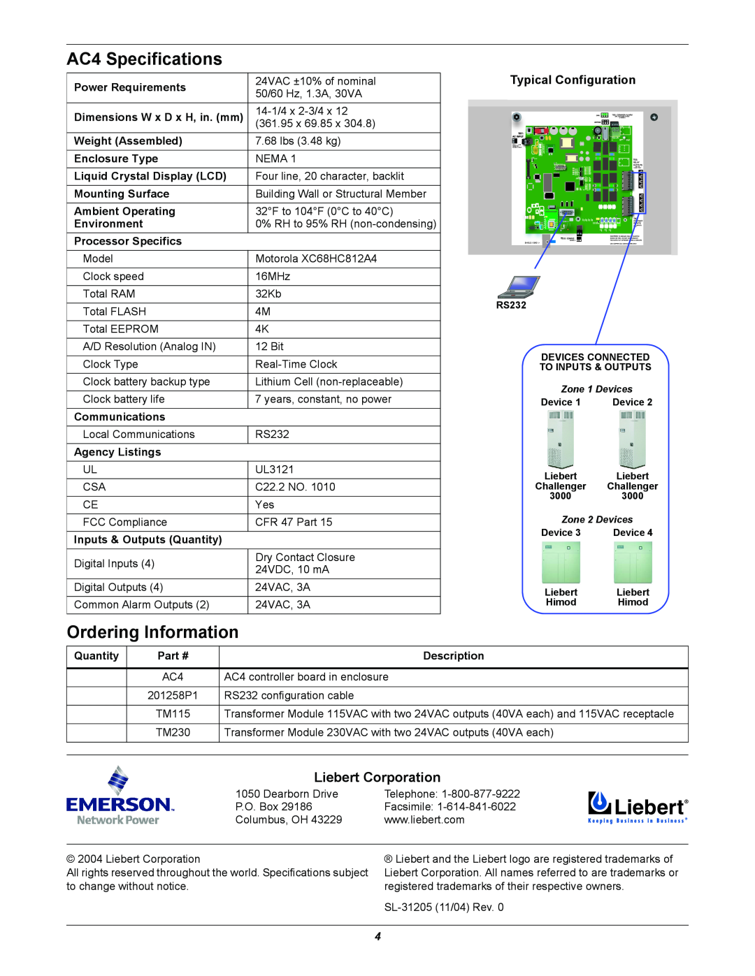 Liebert manual AC4 Specifications, Ordering Information, Liebert Corporation, Typical Configuration 