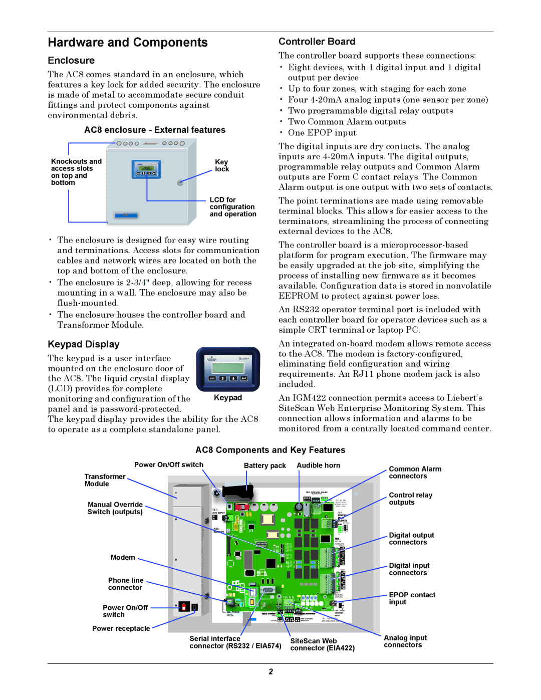 Liebert AC8 manual Hardware and Components, Enclosure, Keypad Display, Controller Board 