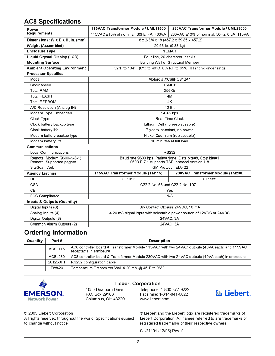 Liebert AC8 Specifications, Ordering Information, Liebert Corporation, Dearborn Drive, Telephone, P.O. Box, Facsimile 
