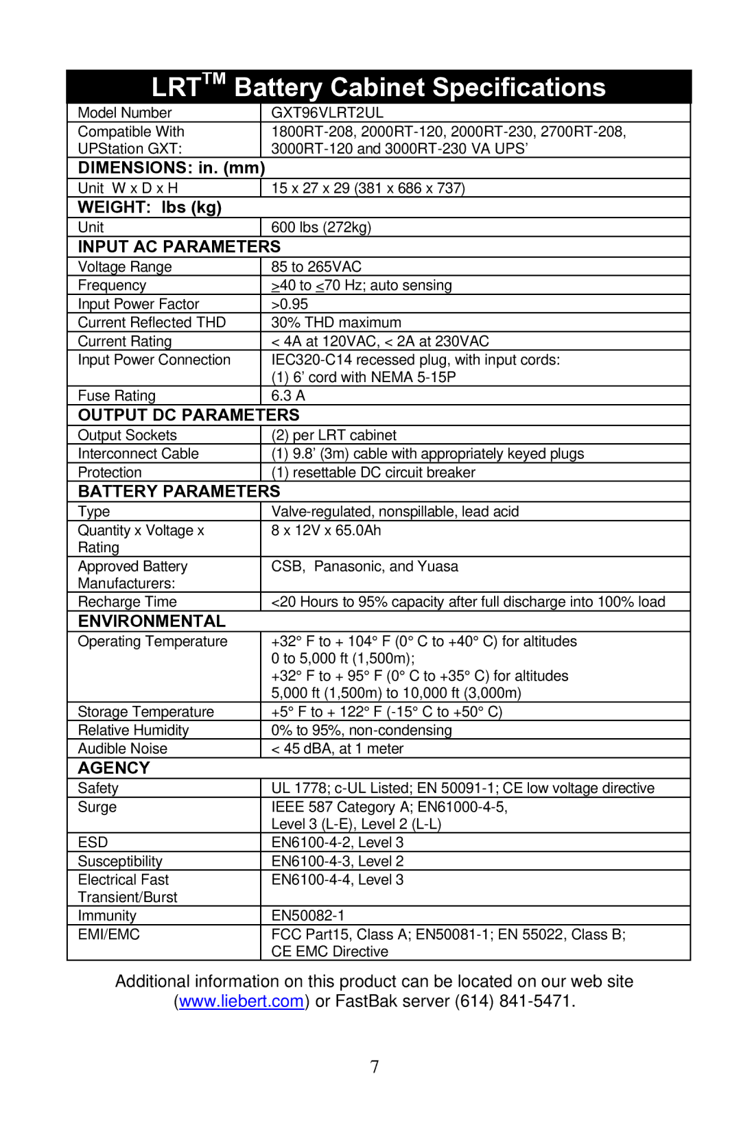 Liebert user manual Lrttm Battery Cabinet Specifications, GXT96VLRT2UL 