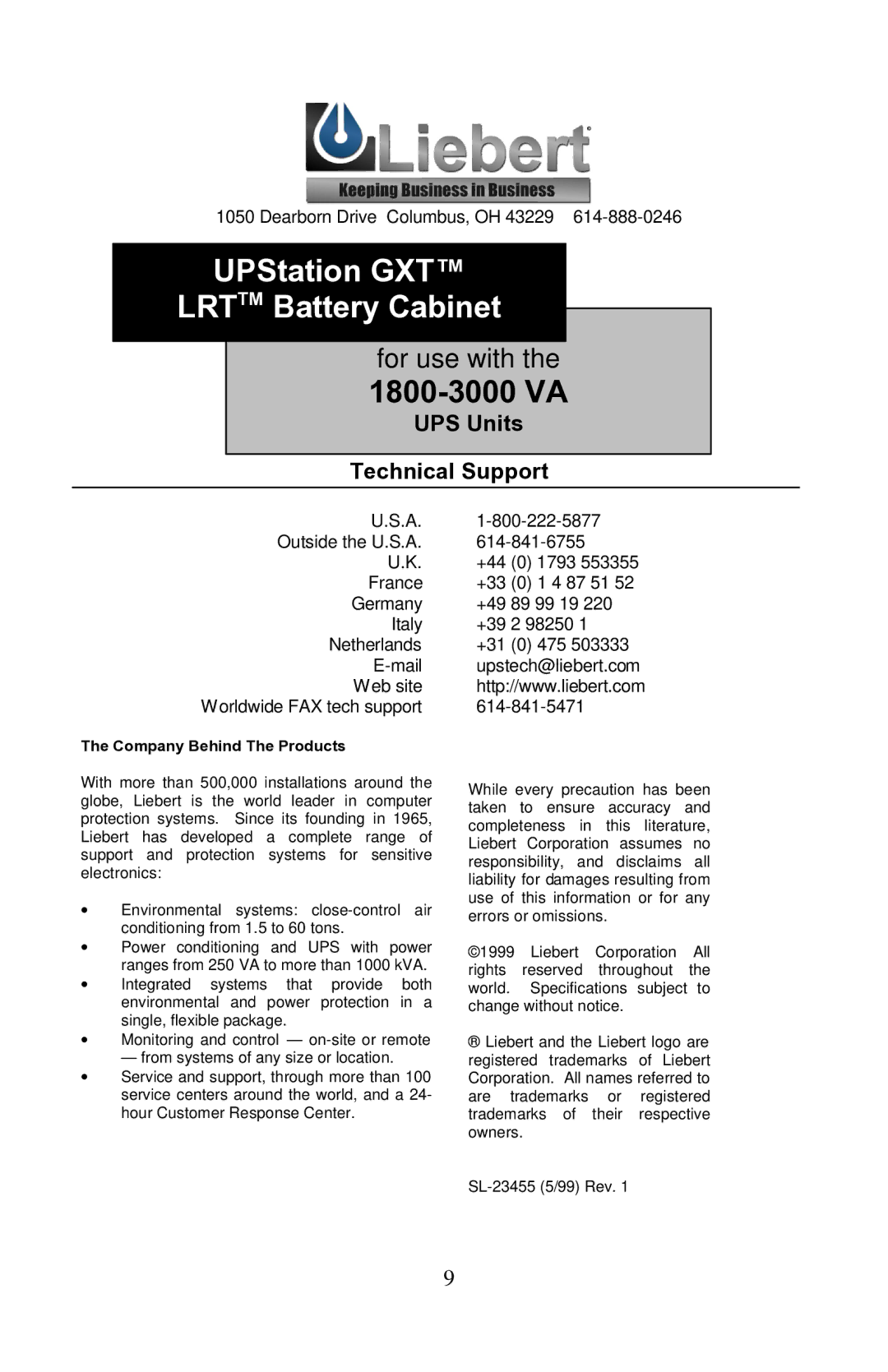 Liebert user manual UPStation GXT Lrttm Battery Cabinet, 1800-3000 VA 