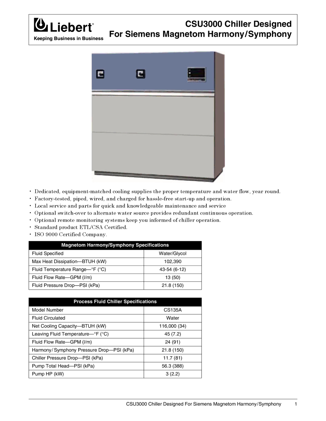 Liebert CSU 3000 specifications Magnetom Harmony/Symphony Specifications, Process Fluid Chiller Specifications 