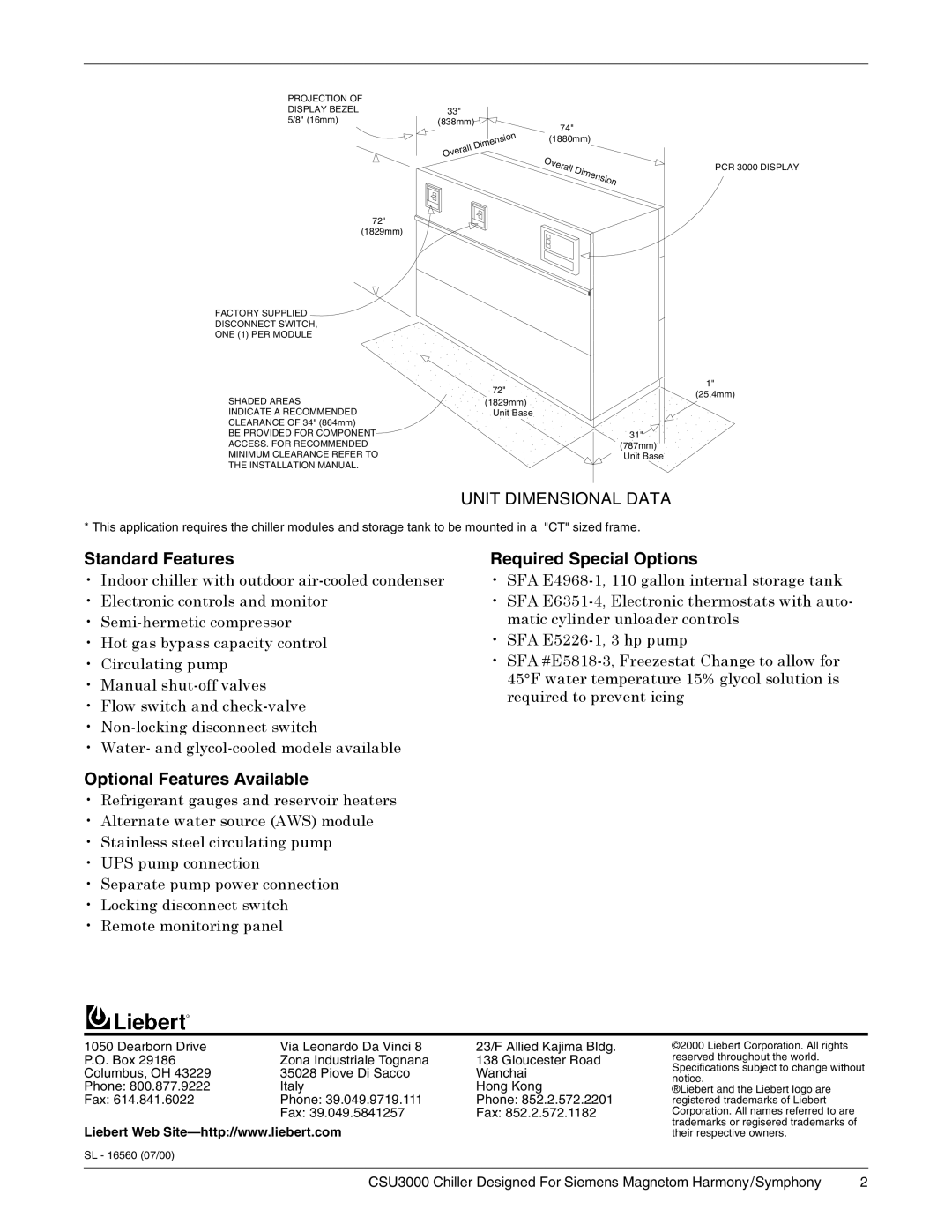 Liebert CSU 3000 Standard Features, Required Special Options, Optional Features Available, Unit Dimensional Data, All Di 