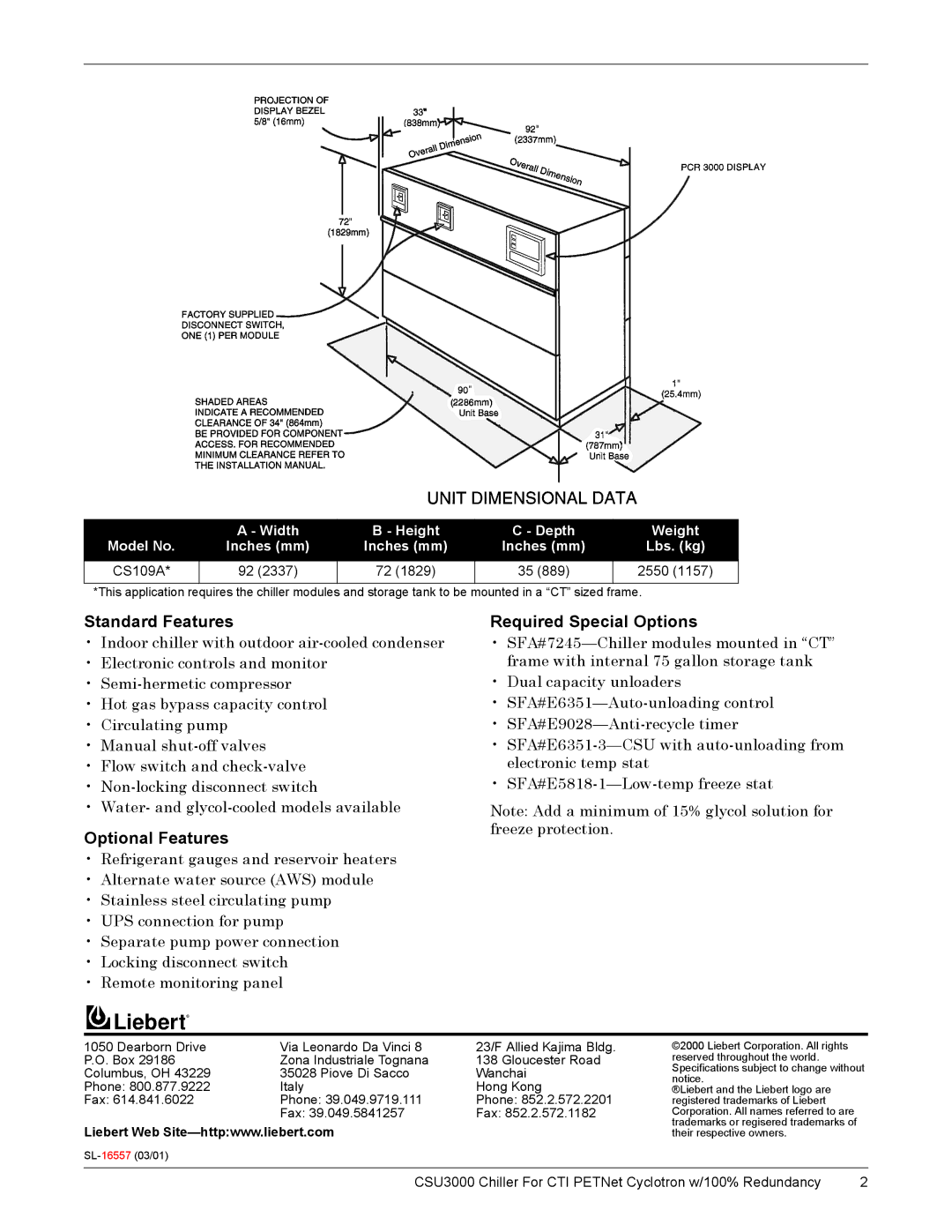 Liebert CSU3000 specifications Standard Features, Optional Features, Required Special Options, CS109A 2550 