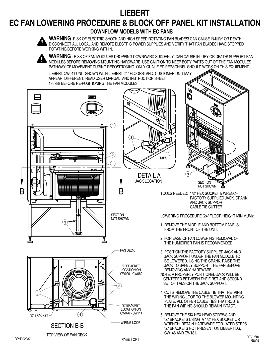 Liebert CW051 AND CW060, CW146 AND CW181, CW038, CW026, CW041, CW076 THRU CW114 user manual Liebert, Detail a, Section B-B 