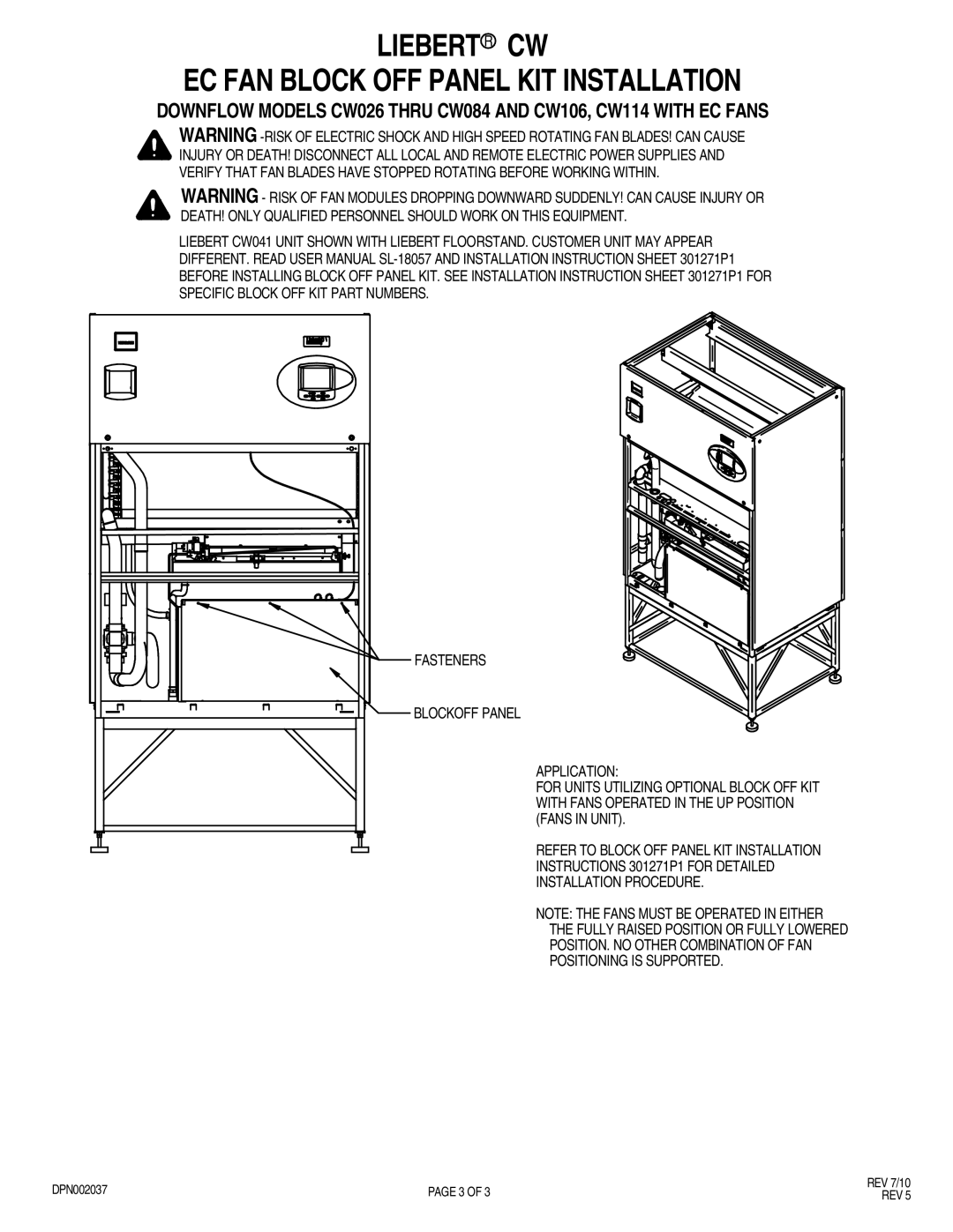 Liebert CW026, CW146 AND CW181, CW051 AND CW060, CW038, CW041 user manual Liebert R CW EC FAN Block OFF Panel KIT Installation 