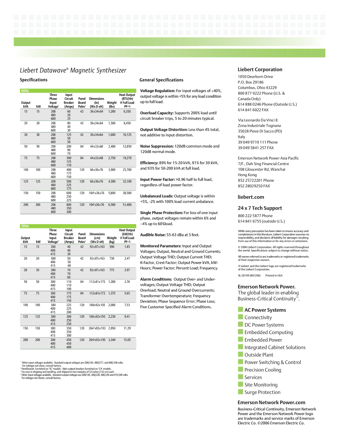 Liebert Datawave manual Liebert Corporation, Liebert.com 24 x 7 Tech Support, Emerson Network Power, AC Power Systems 