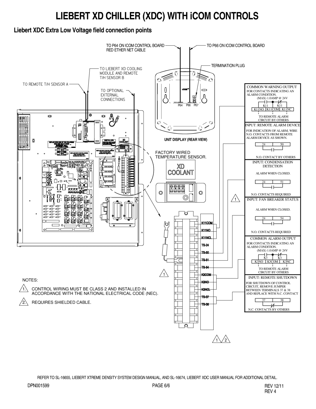 Liebert DPN001599 REV 12/11 user manual To P64 on Icom Control Board, RED Ether NET Cable, Factory Wired Temperature Sensor 