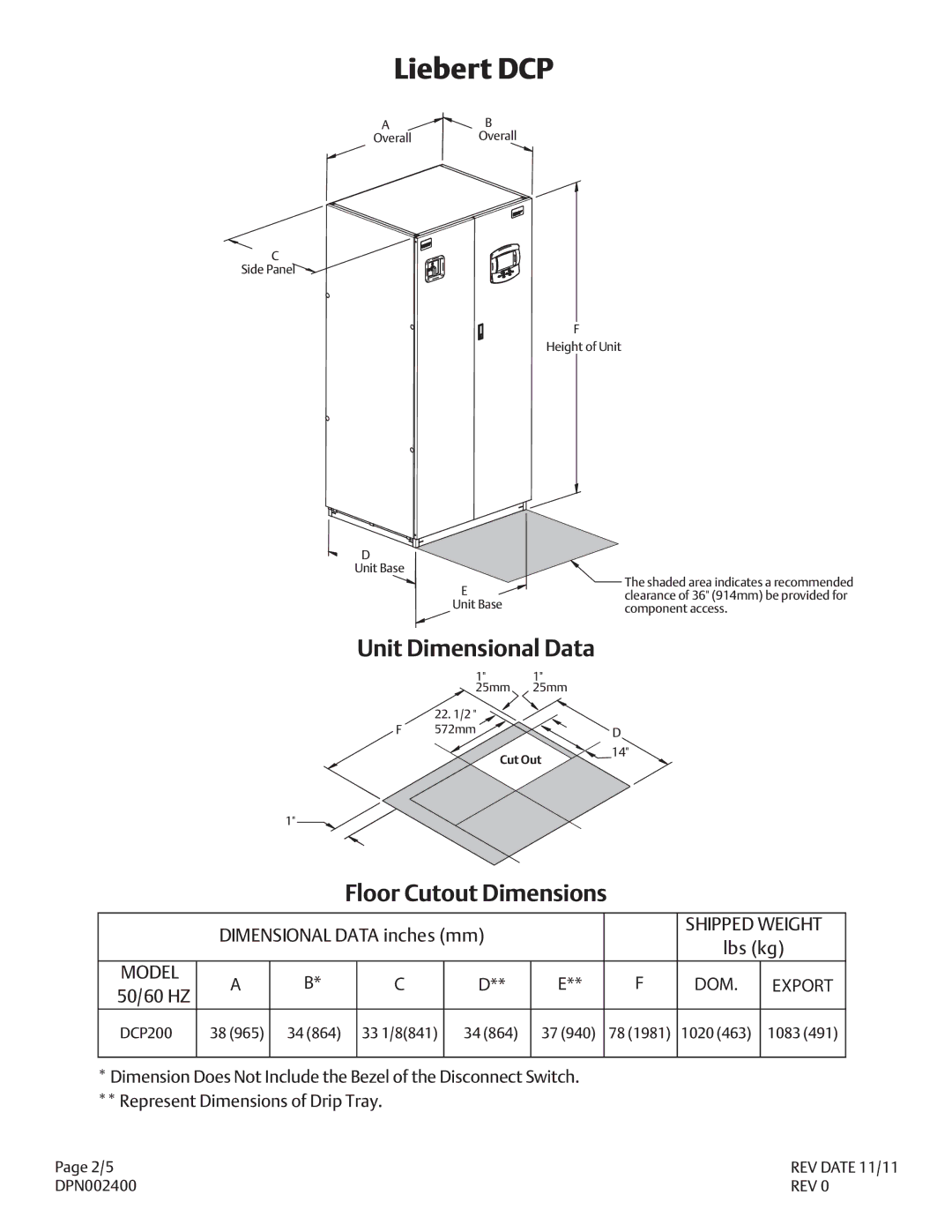 Liebert DPN002400 manual Dimensional Data inches mm, Lbs kg, 50/60 HZ 