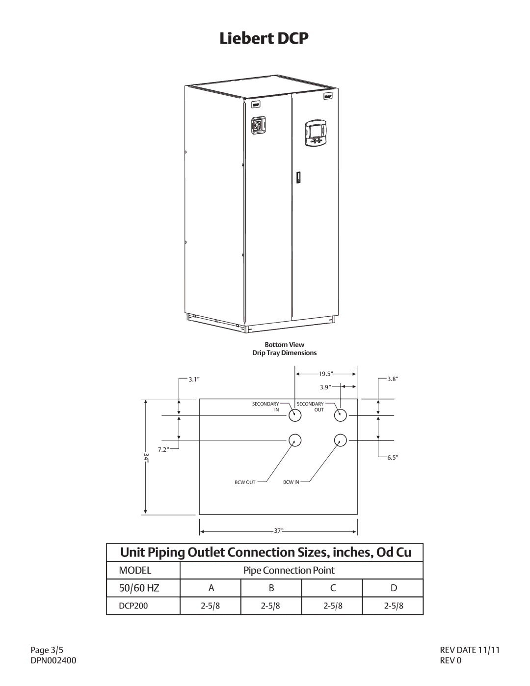 Liebert DPN002400 manual Pipe Connection Point 50/60 HZ 