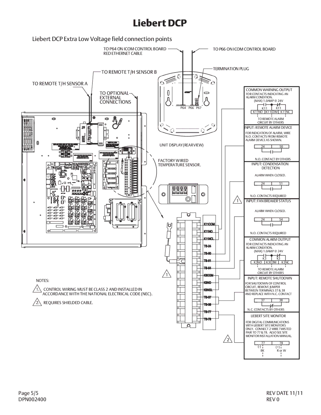 Liebert DPN002400 manual Liebert DCP Extra Low Voltage field connection points, Unit Displayrearview, Temperature Sensor 