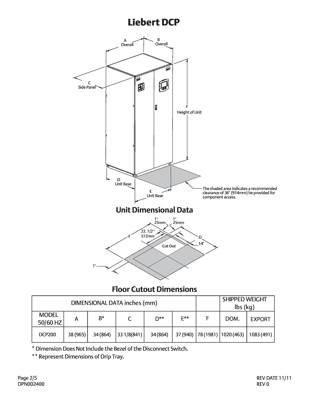 Liebert DPN002400 Unit Dimensional Data, Floor Cutout Dimensions, DIMENSIONAL DATA inches mm, lbs kg, Model, 50/60 HZ 