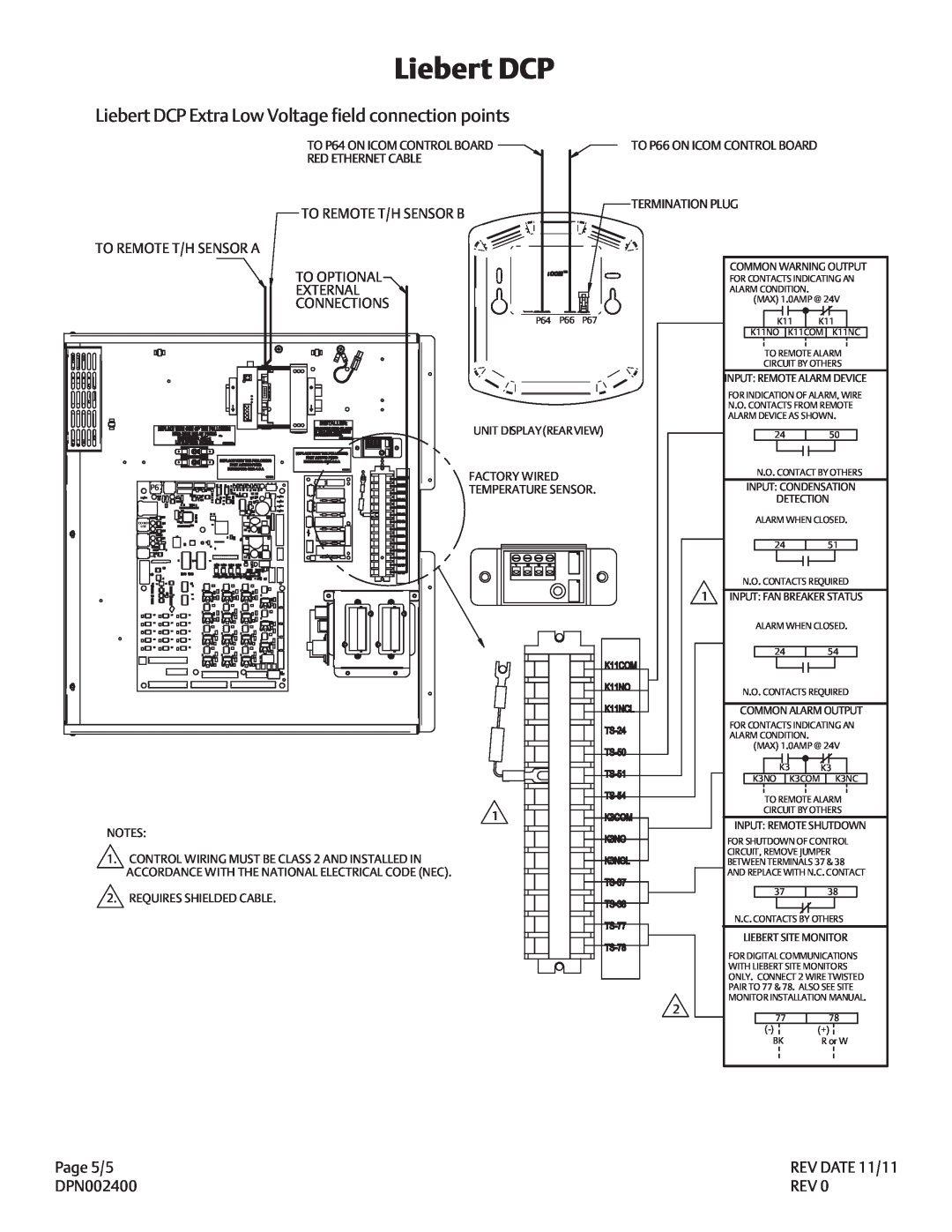 Liebert DPN002400 manual Liebert DCP, REV DATE 05/11, PAGE 6/6, To Remote T/H Sensor B, To Remote T/H Sensor A, To Optional 