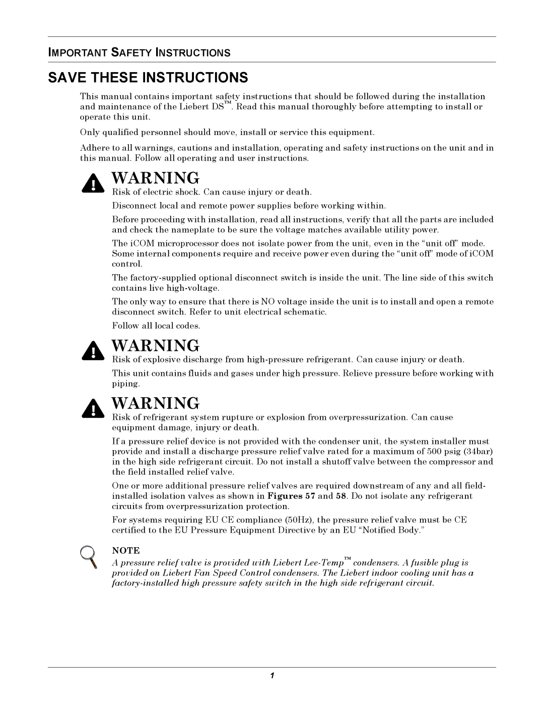 Liebert DS user manual Important Safety Instructions 