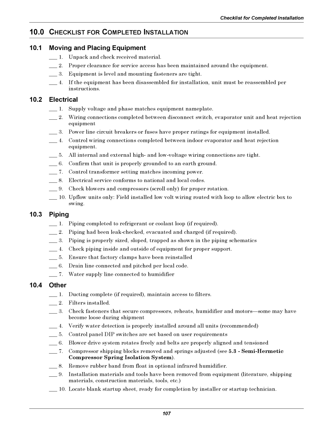 Liebert DS user manual Moving and Placing Equipment, Electrical, Other, Checklist for Completed Installation 