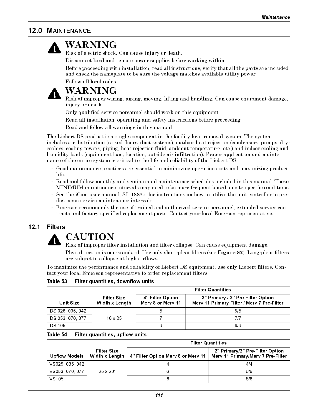 Liebert DS Filters, Maintenance, Filter quantities, downflow units, Filter quantities, upflow units, Filter Quantities 
