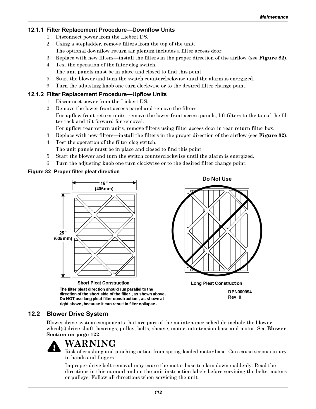 Liebert DS Blower Drive System, Filter Replacement Procedure-Downflow Units, Filter Replacement Procedure-Upflow Units 