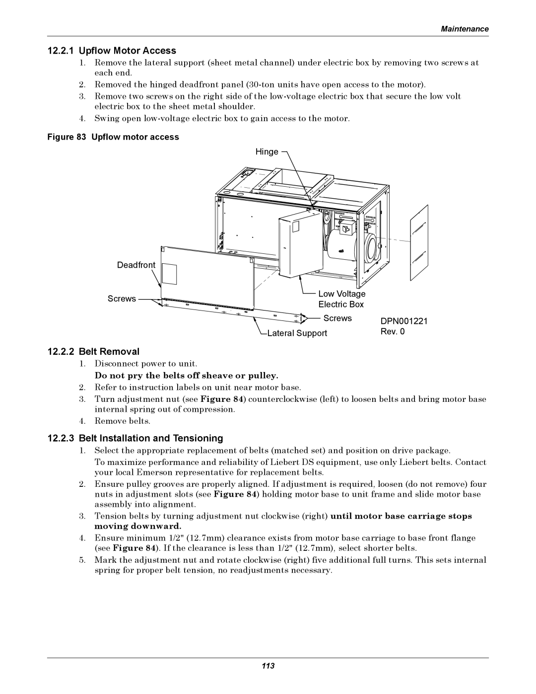 Liebert DS user manual Upflow Motor Access, Belt Removal, Belt Installation and Tensioning 