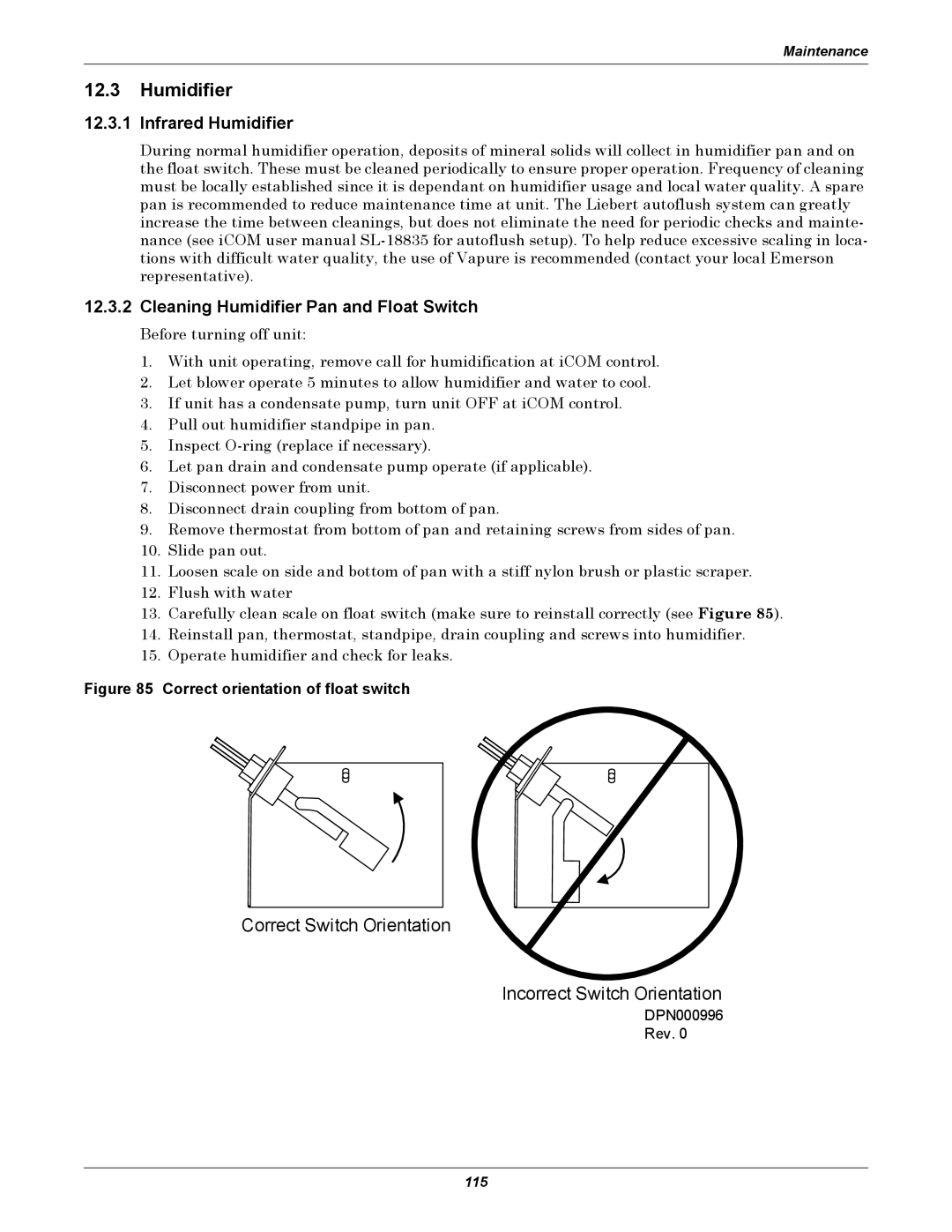 Liebert DS user manual Humidifier, Correct orientation of float switch 