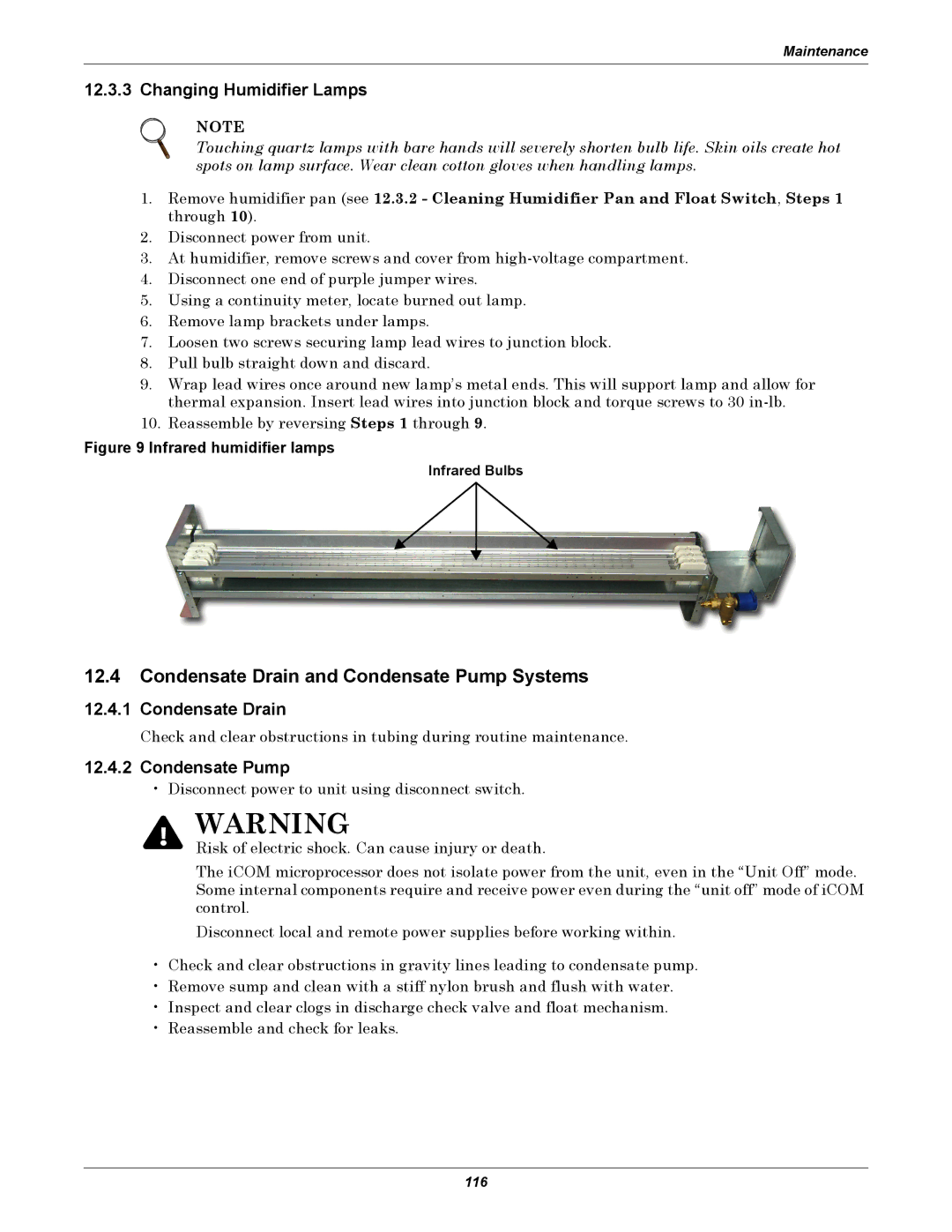 Liebert DS user manual Condensate Drain and Condensate Pump Systems, Changing Humidifier Lamps, Infrared Bulbs 