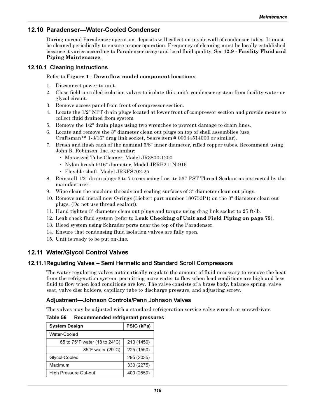 Liebert DS user manual Paradenser-Water-Cooled Condenser, Water/Glycol Control Valves, Cleaning Instructions 