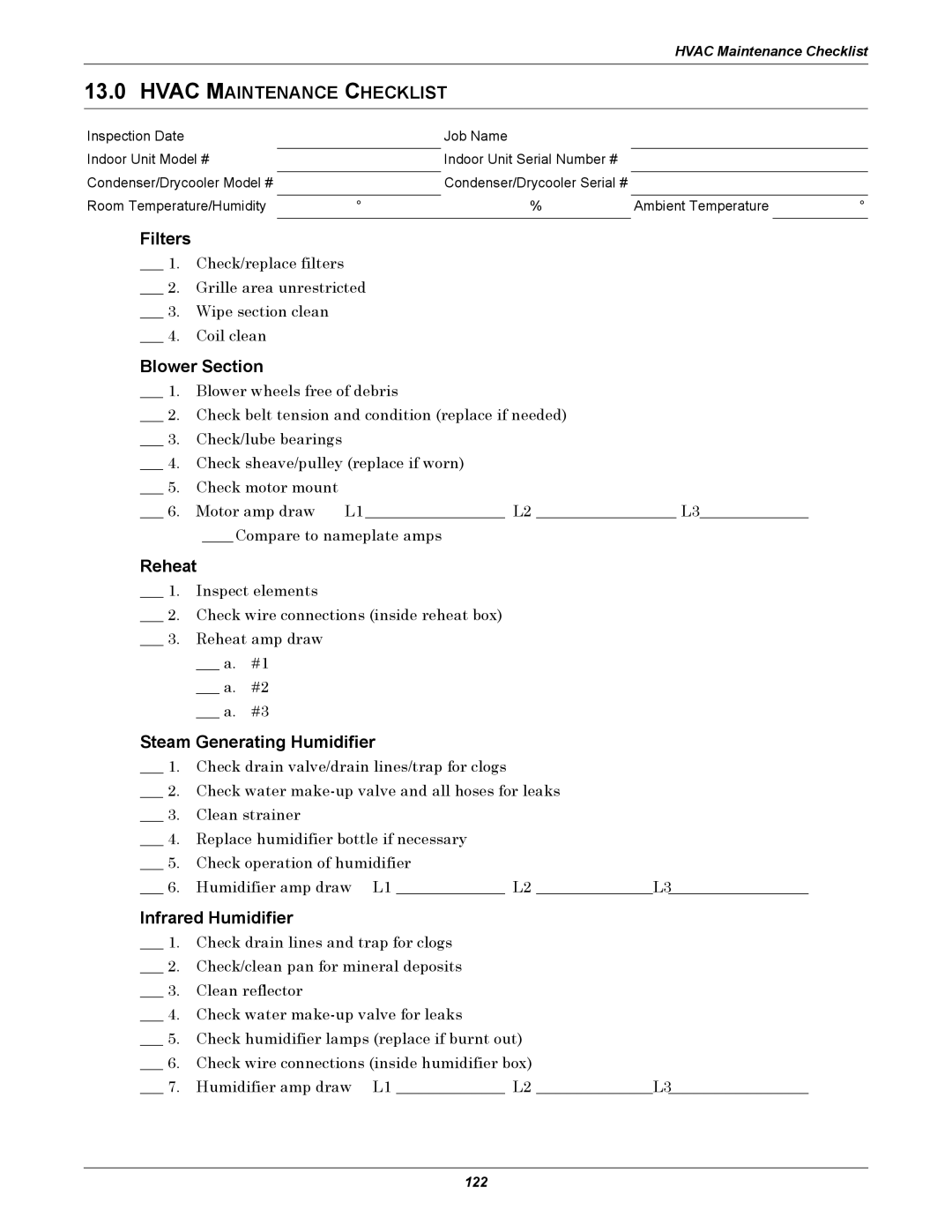 Liebert DS user manual Hvac Maintenance Checklist 