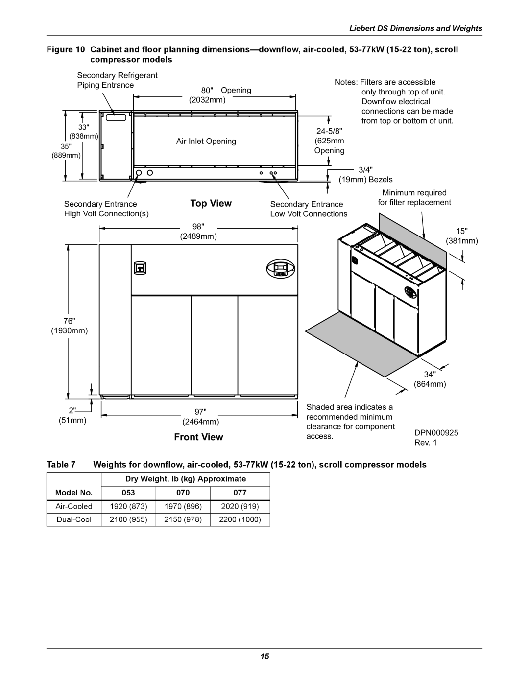 Liebert DS user manual Dry Weight, lb kg Approximate Model No, 070 077 